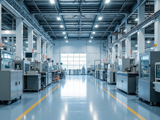 Modern manufacturing facility with precision machinery and automated production line showing sophisticated industrial equipment