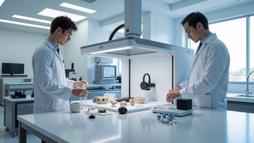 Research and development laboratory with engineers working on new product prototypes and testing equipment